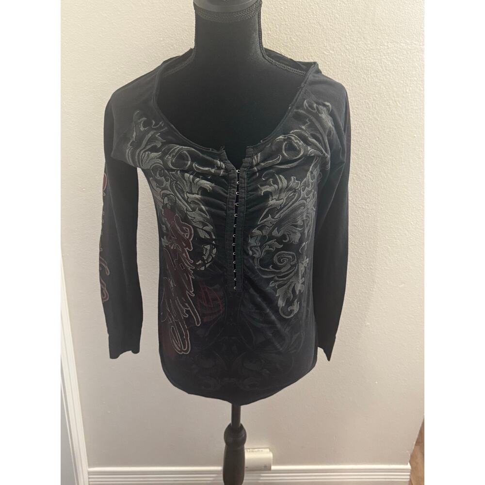 Y2K Infamous Grunge Clasp up Grunge Shirt Sinful Rose Women’s L AOP